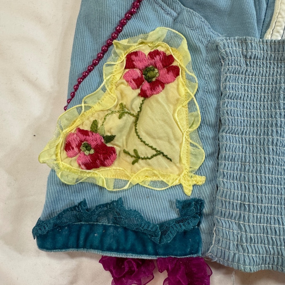 Handmade Boho Corset Halter Top Blue Corduroy Lace Floral Embellished Whimsigoth - Picture 5 of 8